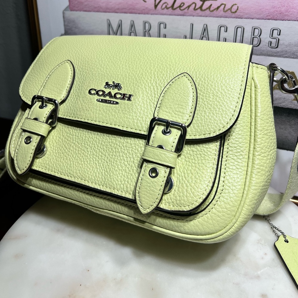 Coach Lemon Green Pebbled Leather Satchel with Silver Hardware - Picture 1 of 13